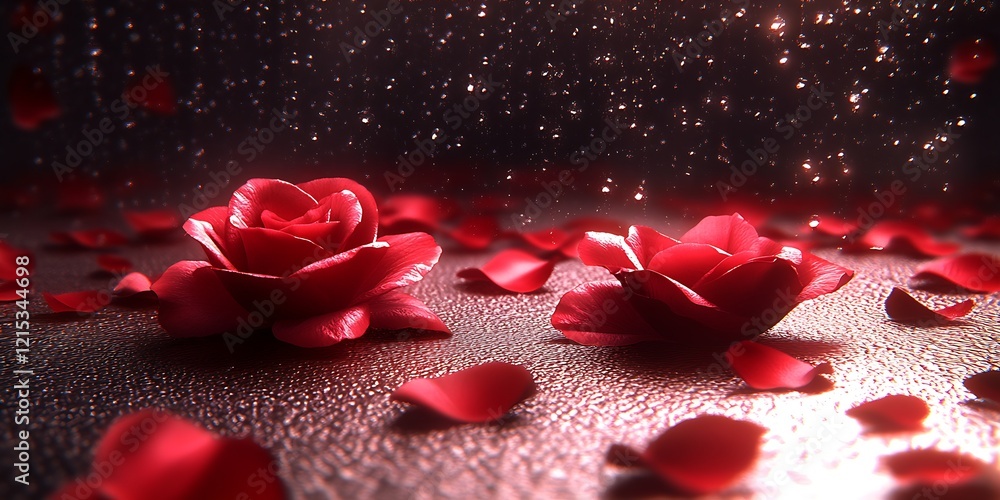Poster romantic red roses with falling petals in ethereal candlelit setting : generative ai