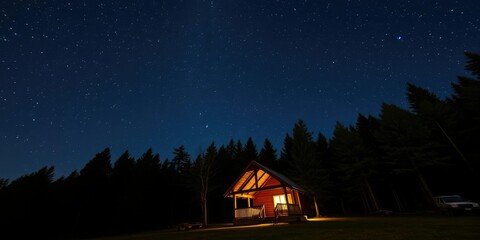 Cozy cabin nestled in the tall trees of a forest bathed in the glow of thousands of stars, nighttime, getaway