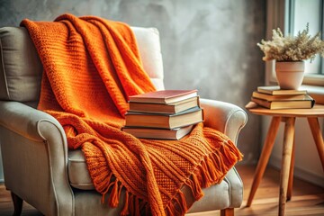 Cozy reading nook with an orange-colored throw blanket and a stack of books, bookshelf, cozy corner, colorful textiles, soft cushions, relaxing atmosphere