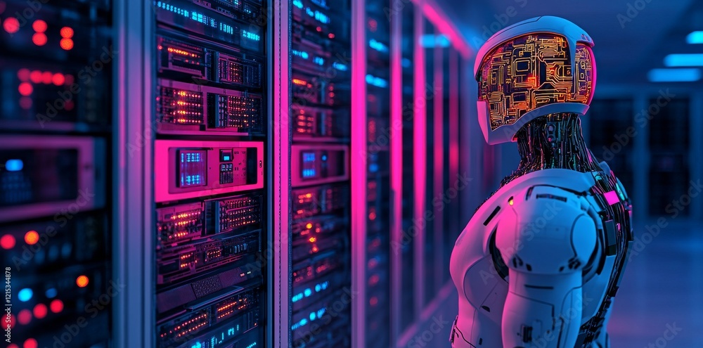 Poster set in a modern, high-tech lab, a cyberpunk ai system operates with glowing data streams, holographi