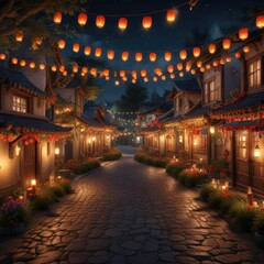 Obraz premium Festive village at night with glowing lanterns and candles, festive atmosphere, rustic buildings