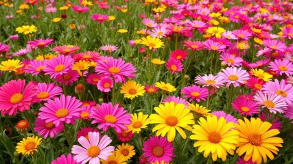 Obraz premium Field with vibrant pink and yellow blooms, flowers, pink