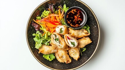 A plate of fried spring rolls with a small bowl of dipping sauce on a white background
