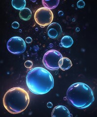 Dark blue background with glowing neon-colored bubbles floating in space , pulsing colors, abstract landscape, glowing neon