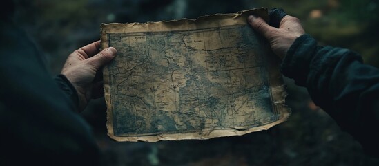 Person holds antique map outdoors, forest background, adventure