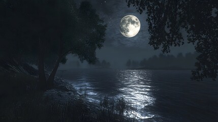 Naklejka premium Tranquil Night Scene Lake Moonlit Trees