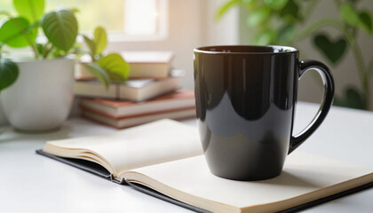 Mug Mockup On Desk with open book and plants