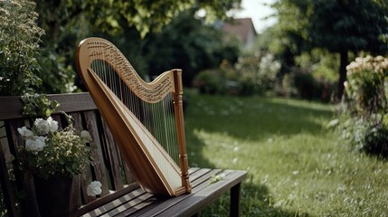 A wooden harp sits gracefully on a garden bench surrounded by lush greenery and blooming flowers under the soft daylight.