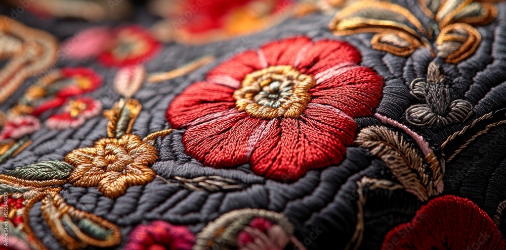 Poster detailed close-up of high-resolution embroidered fabric showcasing fine patterns and rich textures, 