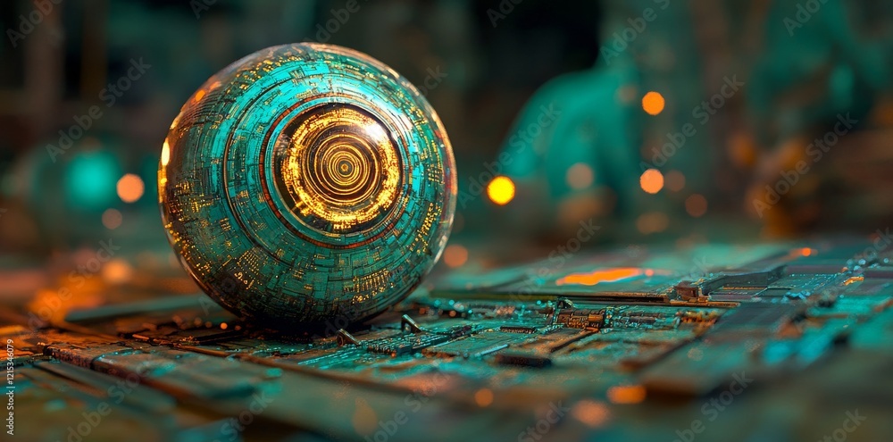 Poster an in-depth look at a futuristic orb that reflects a galaxy, adorned with intricate circuits that bl