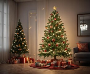 Decorated Christmas tree with ornaments and lights, festive decorations, decorated trees, yule log