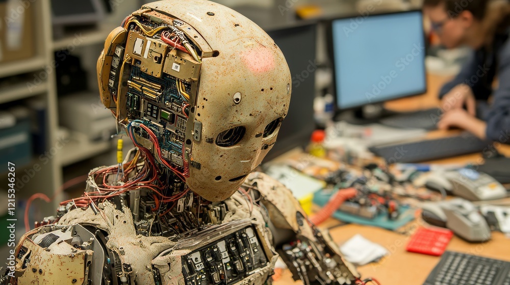 Poster a high-quality image portrays a robotics laboratory where engineers are engaged in collaborative eff