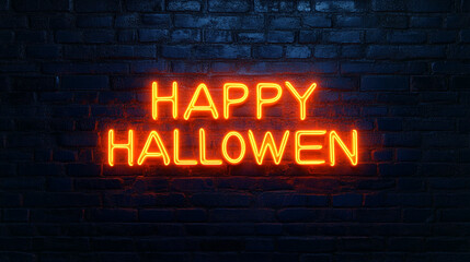 Happy Halloween Neon Sign on Brick Wall  October Party Decoration