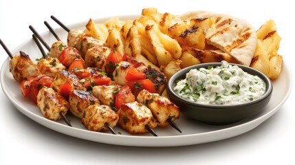 A plate of souvlaki skewers served with pita bread and tzatziki on a white background