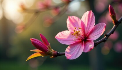 Delicate pink petals unfold on a slender branch, tree branch, garden