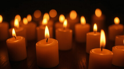 Burning candles. Many burning candles shining in the dark. Shallow depth of field