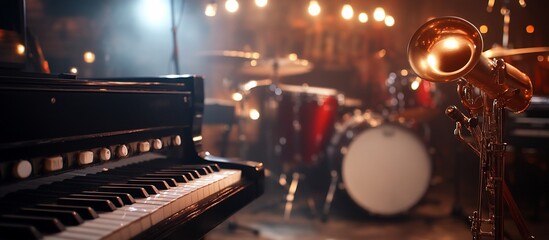 Piano, Saxophone, Drums on Stage; Jazz Club Performance