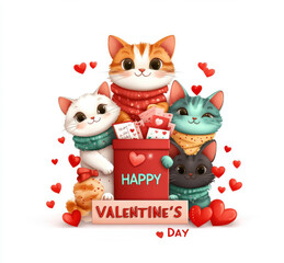 Fototapeta premium Cute cartoon cats with gifts celebrating valentine's day surrounded by hearts