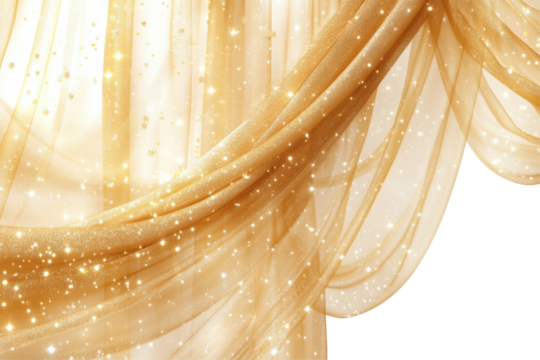 Golden fabric with sparkles and stars isolated on transparent background
