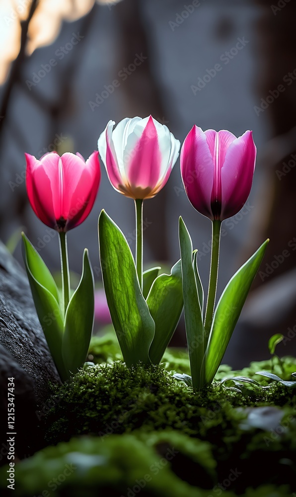 Poster elegant trio of tulips on moss carpet in enchanted forest at twilight : generative ai