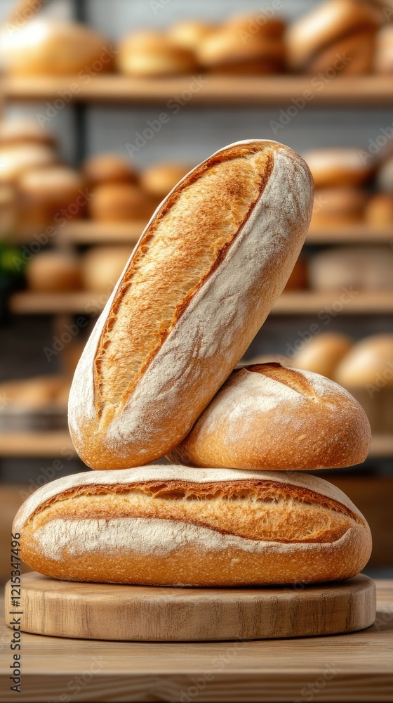 Poster freshly baked bread loaves displayed on a wooden board in a rustic bakery setting with shelves full 