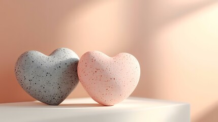 Two textured hearts on a white surface, bathed in sunlight against a peach background. Perfect for Valentine's Day cards or romantic designs