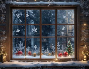Frosty windowpane with snowflakes and Christmas decorations, serene landscape, snowflakes, Christmas decorations
