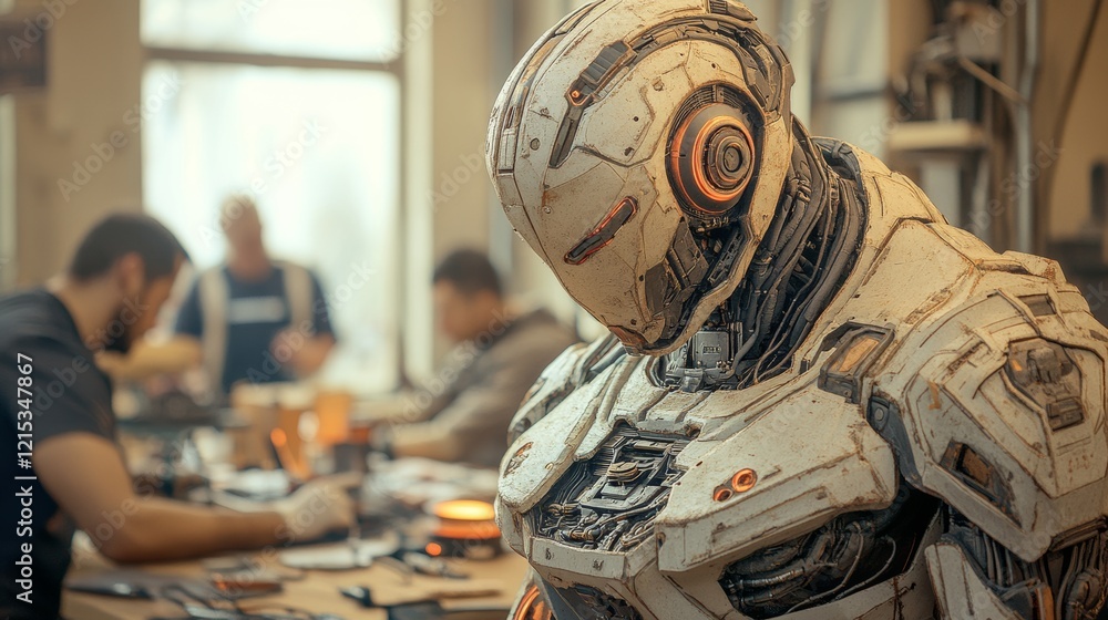 Poster the image features a high-quality view of a robotics laboratory, showcasing engineers actively worki