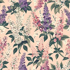Simple graphic pattern of lilacs and foxgloves against a pastel blush background, small flowers covering the whole picture.