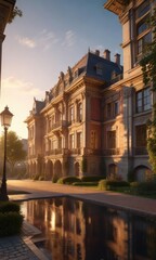 Fototapeta premium Elegant royal residence aglow with evening sunlight, royal home, lovely architecture , elegant palace