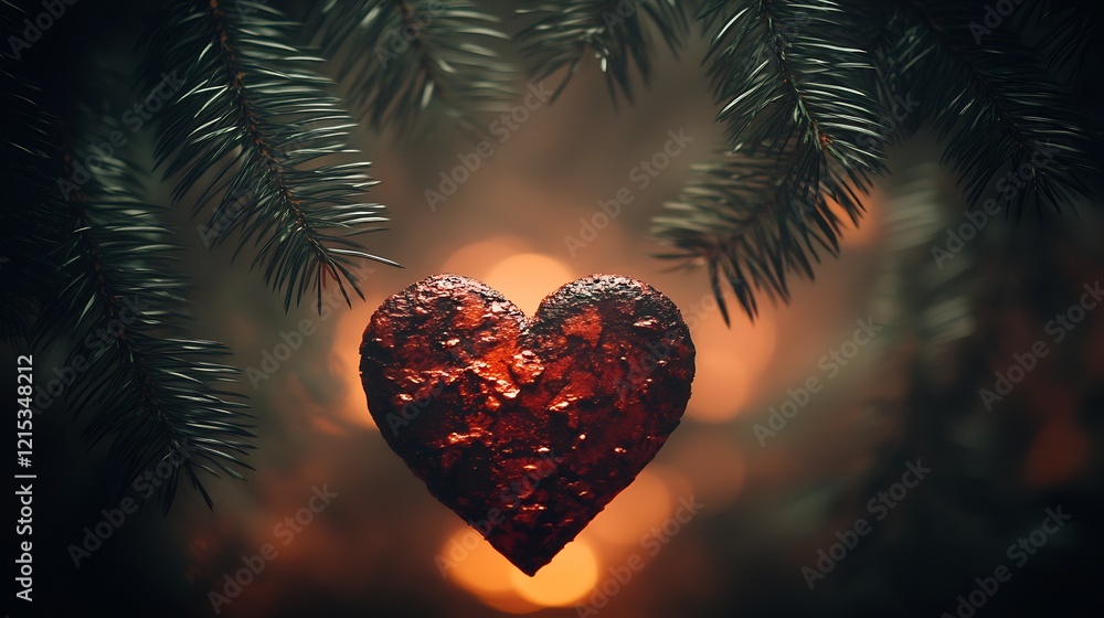 Aufkleber rustic heart shaped ornament amidst pine needles with soft festive glow : generative ai