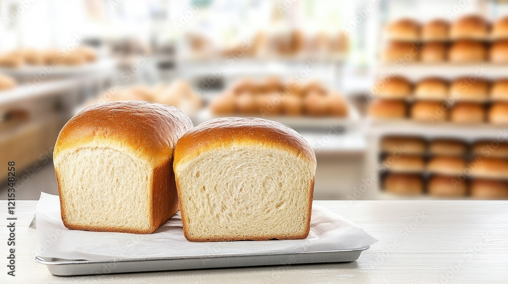 Poster freshly baked loaves of soft bread displayed on a tray in a warm bakery setting with rows of bread i
