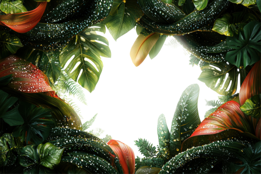 Lush tropical leaves framing a light center isolated on transparent background - Powered by Adobe