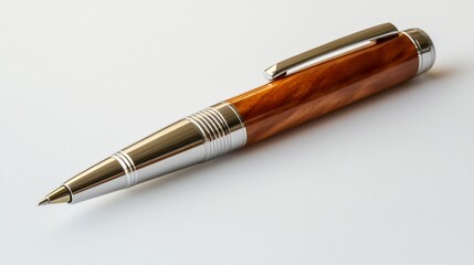 Elegant wood pen, silver accents, white background, studio shot, luxury writing