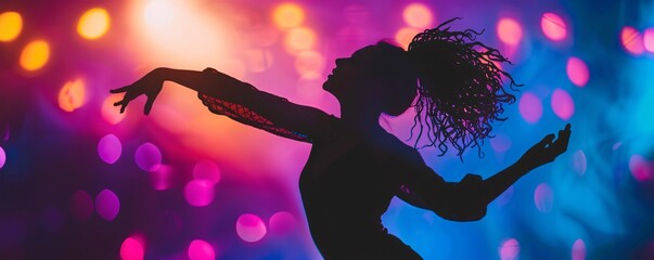 Young woman dancing with joy and passion in the spotlight on stage