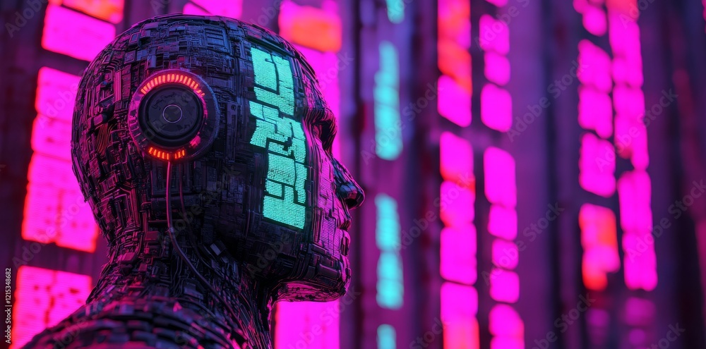 Poster surrounded by neon-lit circuits and data streams, an advanced ai core is seen in a detailed view wit