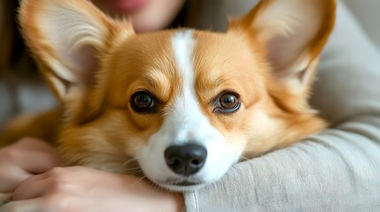 Woman cuddling a Pembroke Welsh Corgi indoors; cozy home background, ideal for pet, animal, and lifestyle websites