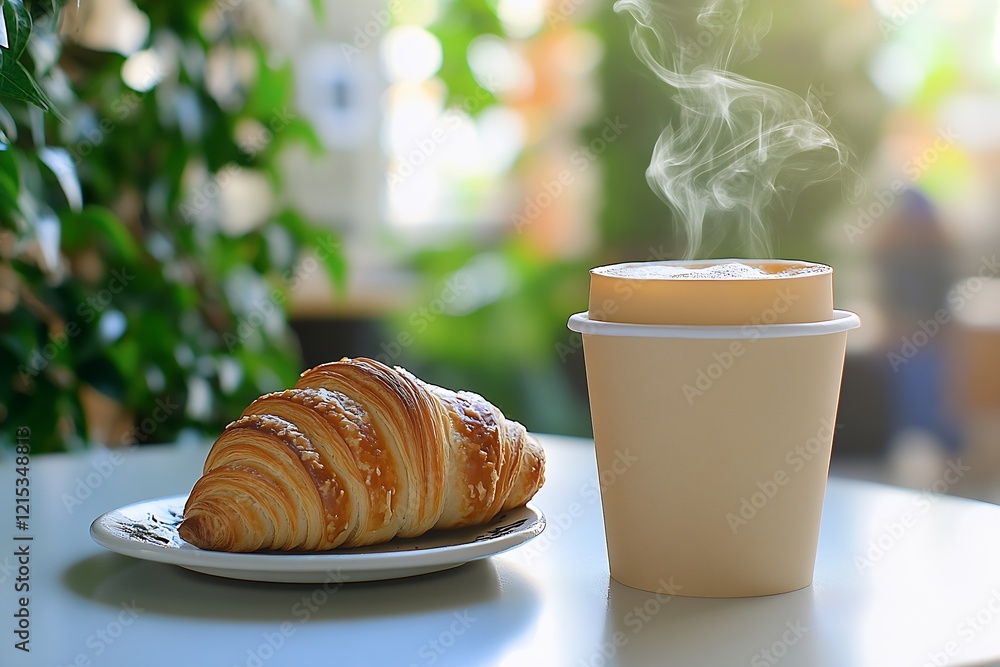 Poster Morning Delight Crispy Croissant with Steaming Coffee on a Sunlit Table for a Relaxing Breakfast : Generative AI
