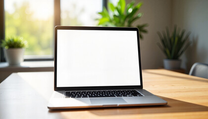 Fototapeta premium Laptop Mockup on wooden table with plants in the background