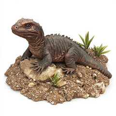 Fototapeta premium Ancient reptile model posed on rocky terrain with small plants.