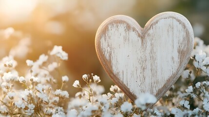 Wooden heart in white flowers, sunset background. Perfect for Valentine's, love, romance, wedding, or spring themes
