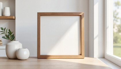 Shadow Box Frame Mockup with vases on a wooden table