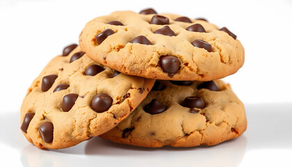 Delicious chocolate chip cookies stacked high on a white background.