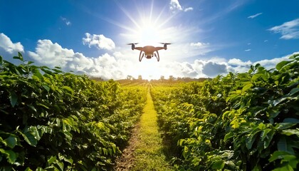 drone tecnológico agrícola sobrevoando plantação em um dia ensolarado - Generated image