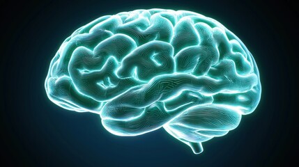 Glowing human brain, digital rendering, dark background, medical illustration