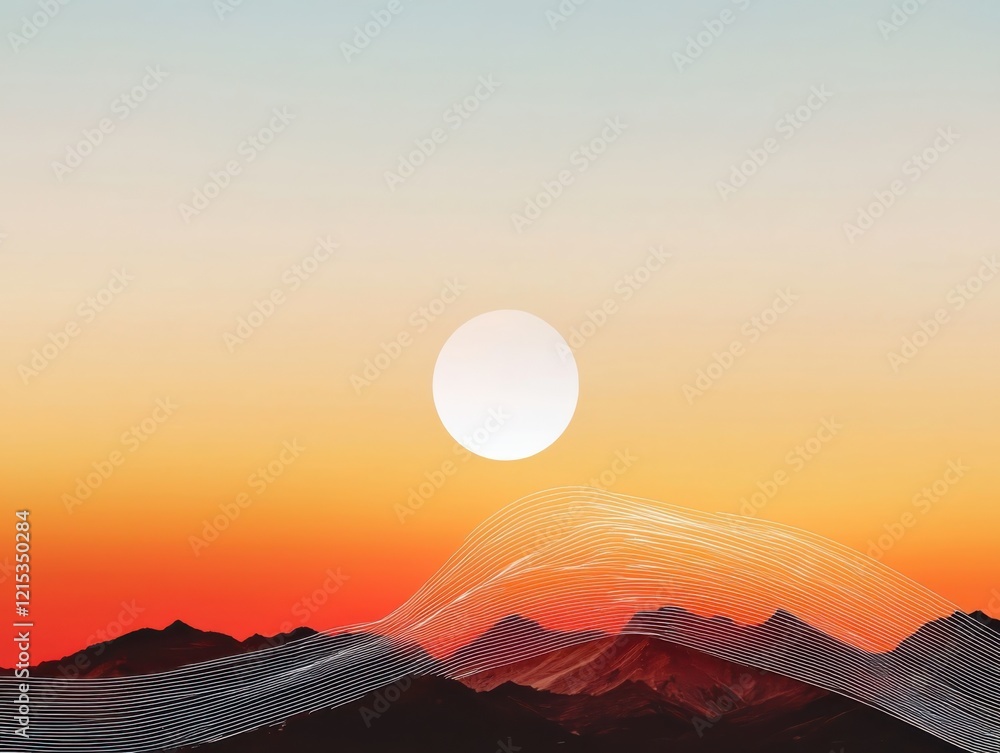 Poster minimalist art drawing of a sun setting over mountains abstract landscape soft gradient background a
