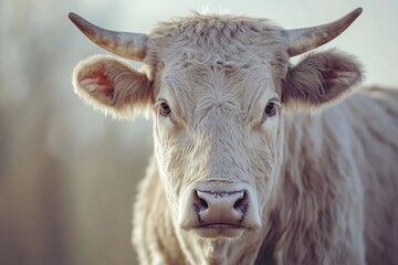 Friendly young cow gazes directly at the camera with a soft background at sunset