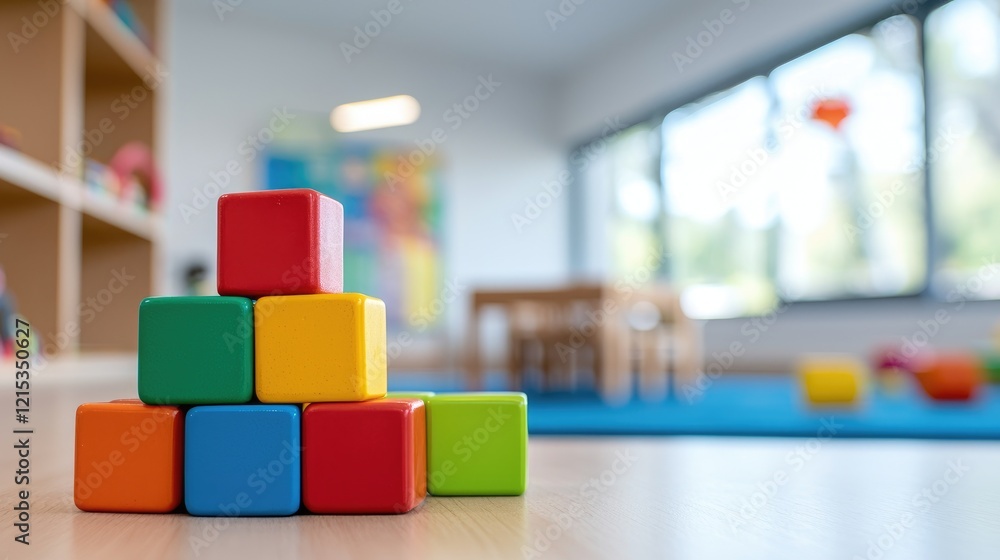 Poster colorful building blocks in a bright classroom setting