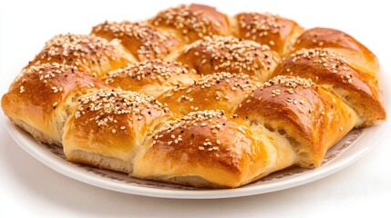 A serving of traditional Greek koulouri (sesame bread ring) on a white background