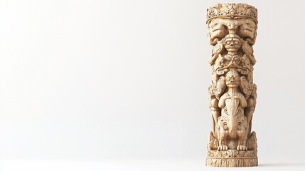 Intricate carved totem pole stands against white background